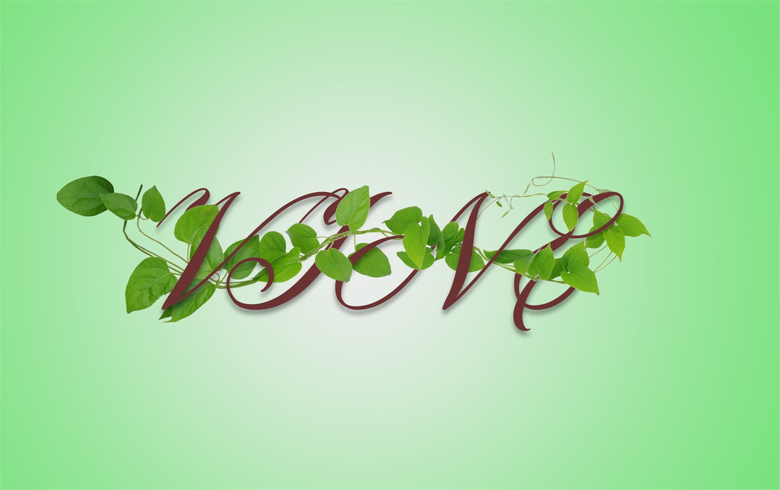 Type treatment: the word WOW in script lettering entwined with leafy vines, shaped with Puppet Warp
