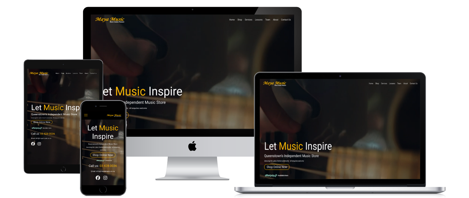 Responsive device mockup of the Maya Music website on desktop, laptop, tablet and phone